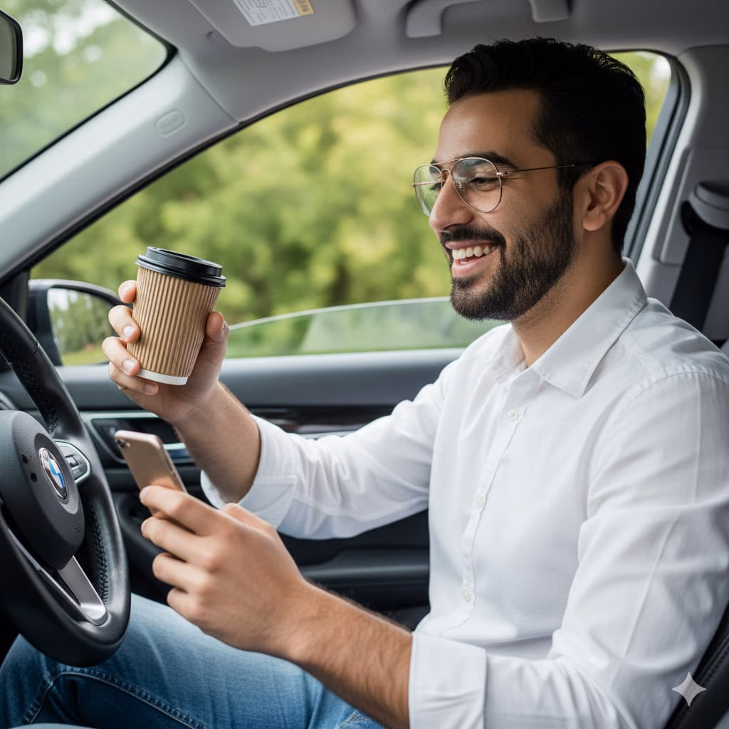 Conductor tomando café